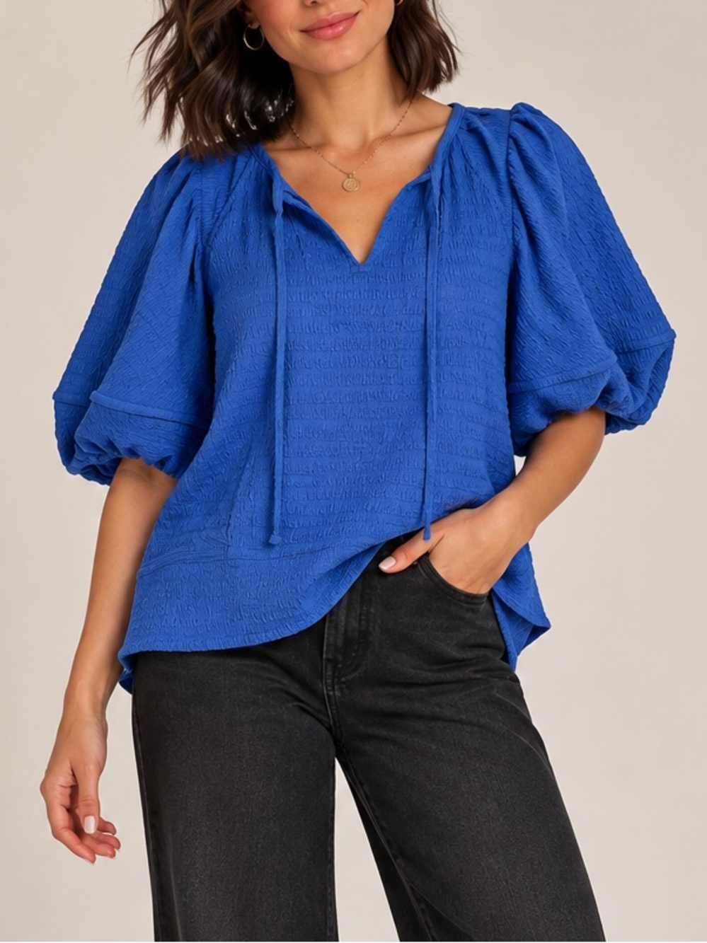 LOFT Petites Royal Blue Textured Puff Sleeve V-Neck Blouse MP